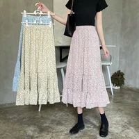korean style all match skirt 2021 spring and summer elastic waist a line skirt high waist thin floral mid length skirt