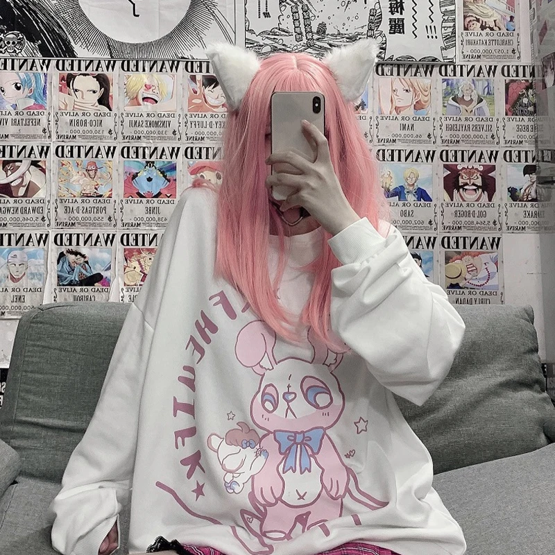 

2021 Spring Summer Harajuku Anime Print Gothic Style Long Sleeve Top Loose Crew Neck Pullover Sweatshirt Student Women's Hoodies