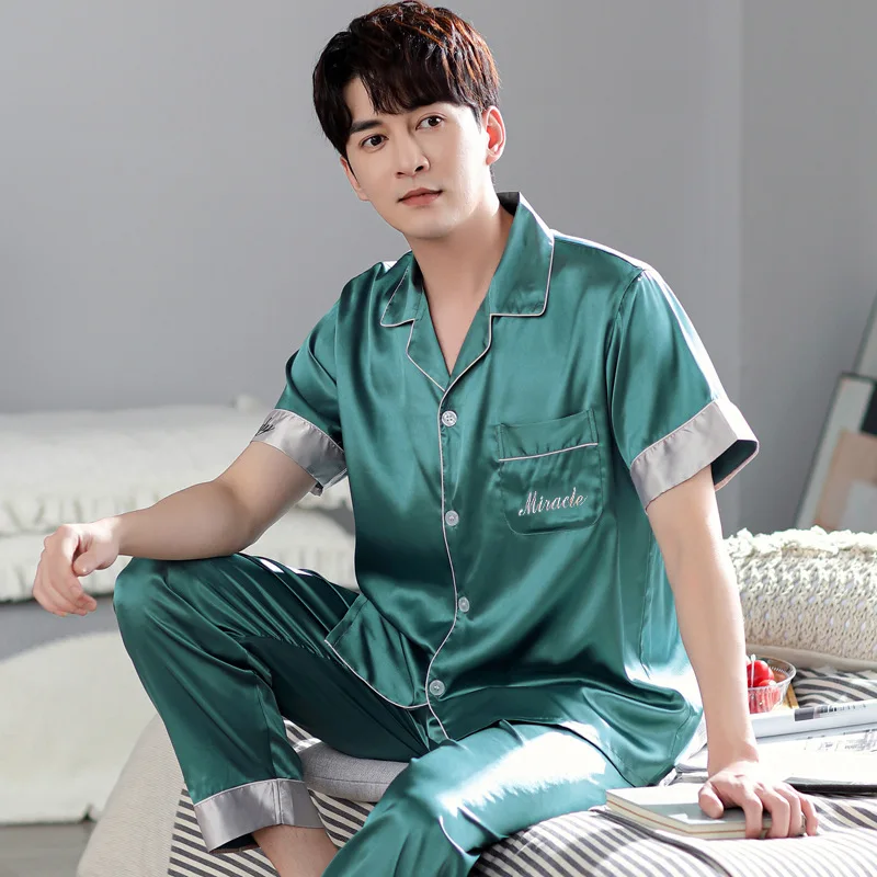 Spring Summer Thin Ice Silk Men's Pajamas Set Stain Print Leisure Sleepwear Loose Soft Short Sleeve Pajama Pants Tops Homewear