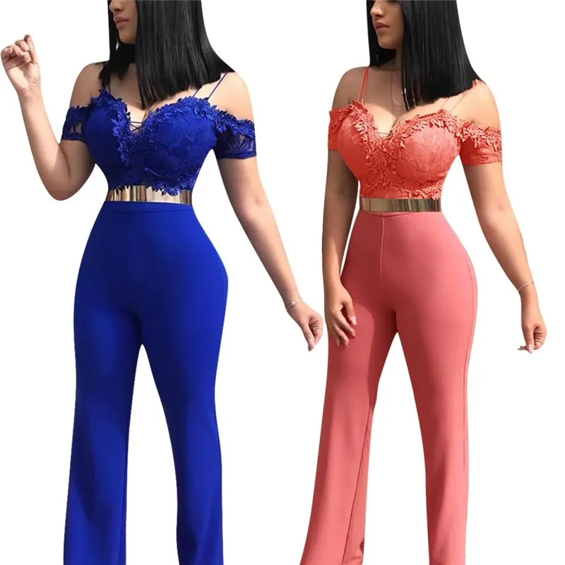 2019 Синий Розовый обтягивающий кружевной комбинезон с широкими штанинами женские