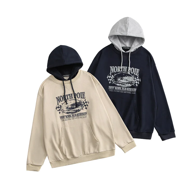 

Autumn new men and women printing fake two color matching hoodie lovers loose on the hoodie