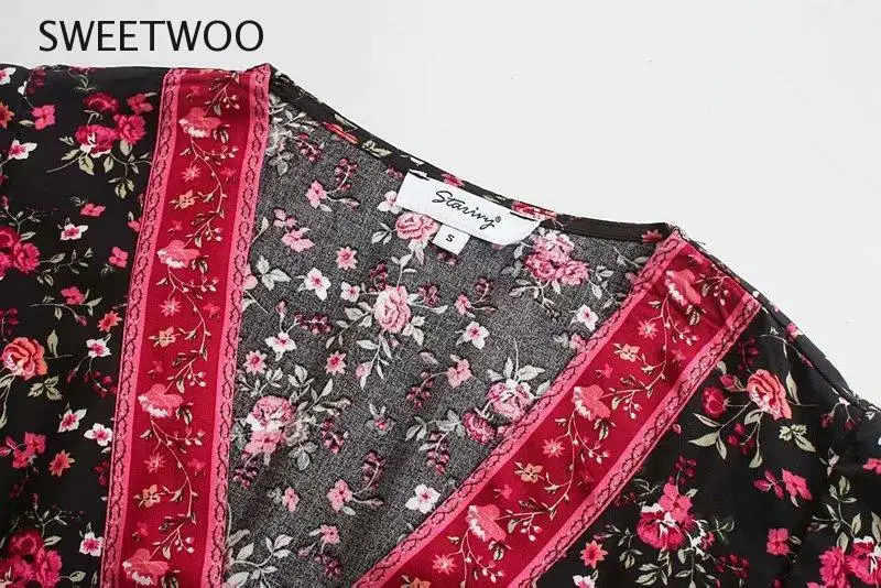 

Women Boho Long Maxi Dress Floral Print V Neck Short Sleeve Summer Holiday Beach Dress Sundress High Waist