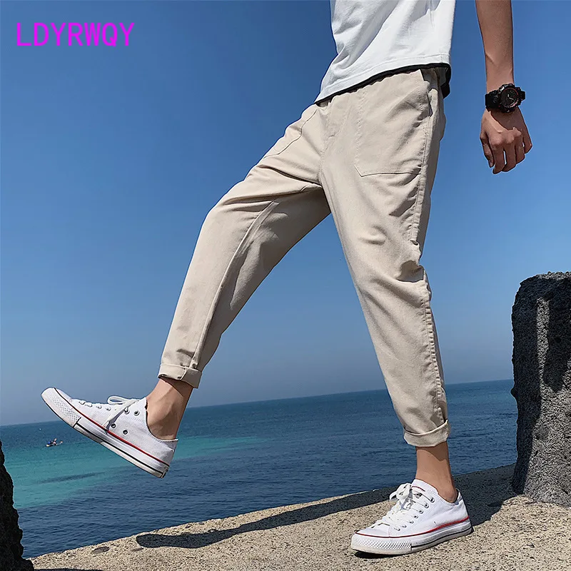 

LDYRWQY 2021 летние новые мужские повседневные хлопковые и льняные свободные прямые однотонные корейские брюки