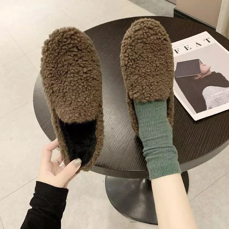 

Ladies wool fur loafers cotton patchwork women's shoes winter thickening furry creeper fashion flat shoes 2021