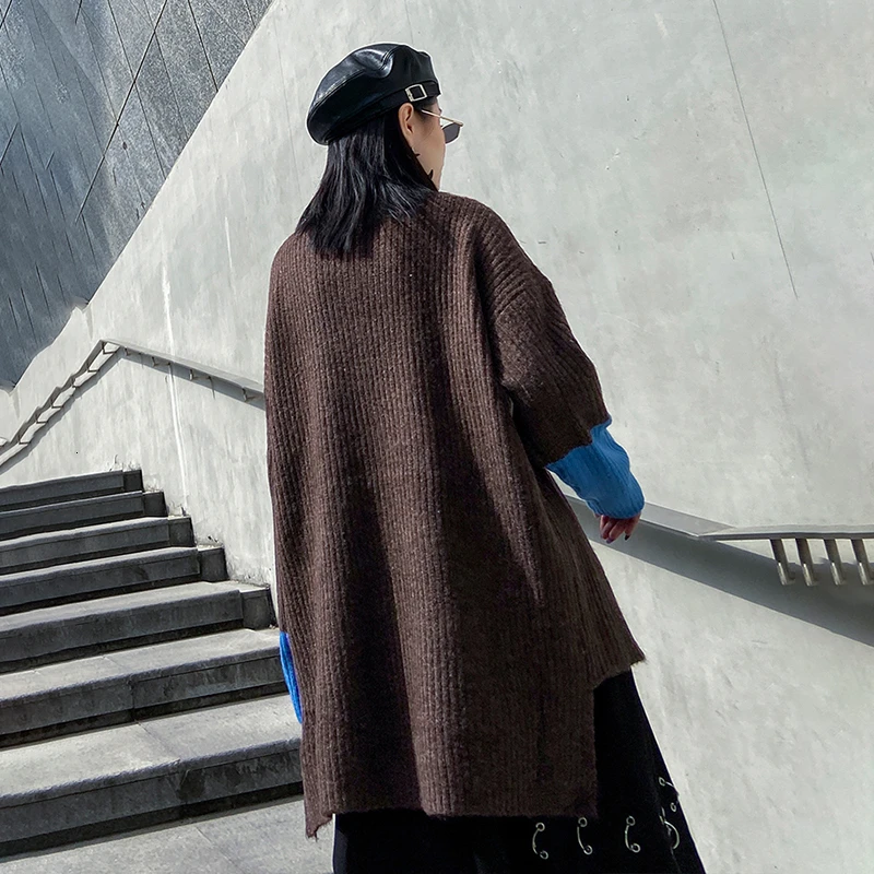 CHICEVER пэчворк хит цвет вязаный свитер для женщин О-образный вырез длинный рукав