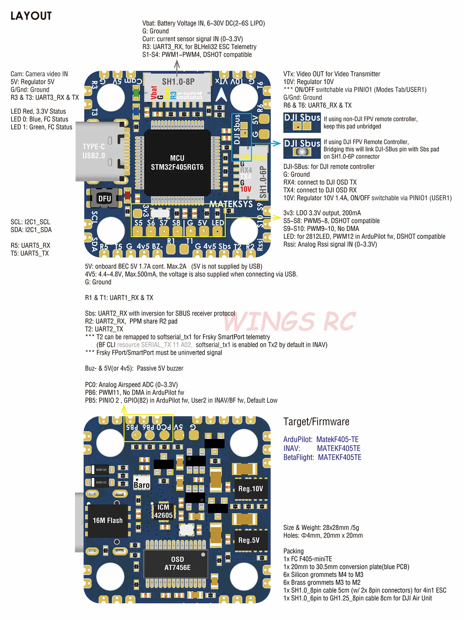 Контроллер полета Matek MATEKSYS Φ TE STM32F405RGT6 Встроенный OSD F405-MINI I2C для FPV гоночного дрона