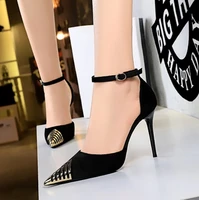 2021 new european fashion women pumps metal thin heels buckle sandals pointed toe sexy party shoes womens shallow wedding shoes