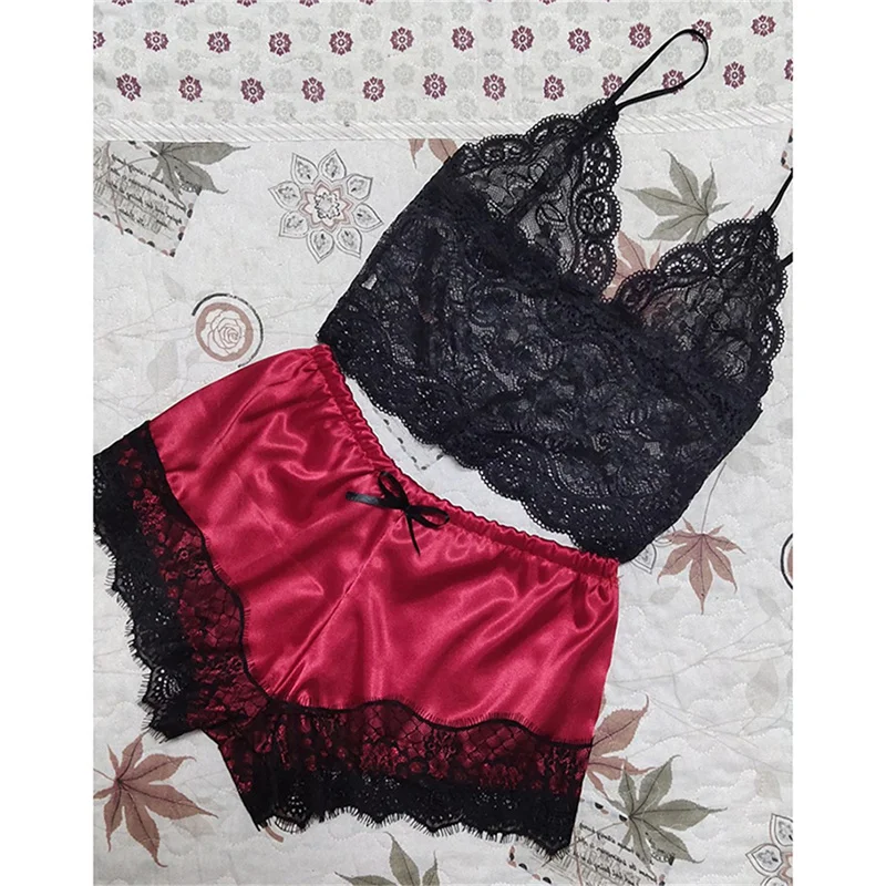 

Women Lace V Neck Pajamas Set Lingerie Sleeveless Nightwear Crop Women's Sleepwear Sexy Satin Pajama Set Top And Shorts