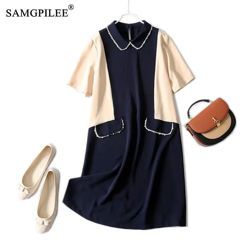 

Dress Summer 2021 New Korean Style Fashion Peter Pan Collar Beaded Lace Patchwork Large Pockets Short-sleeved Women Clothing 4XL