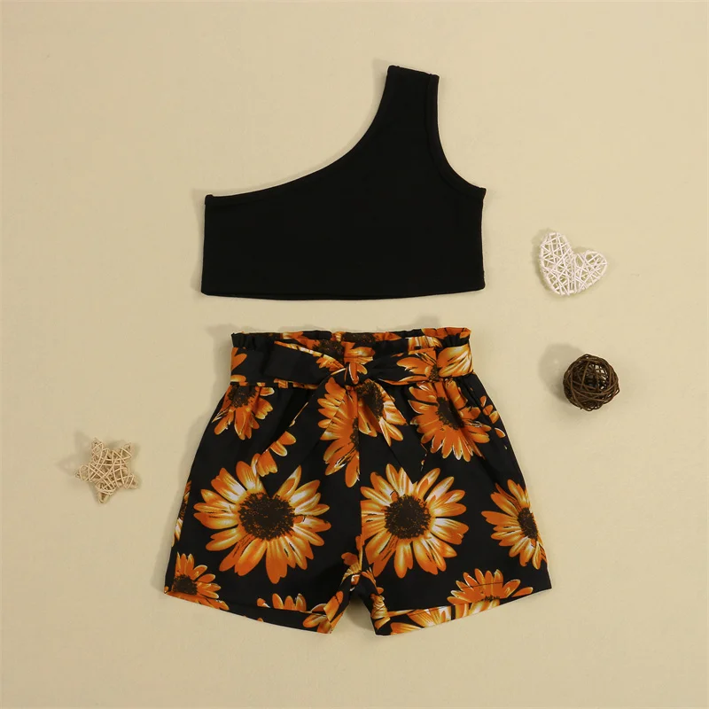

Одежда для маленьких девочек, однотонный топ без рукавов с открытыми плечами + бандажные короткие брюки с принтом подсолнухов, комплект из 2 ...