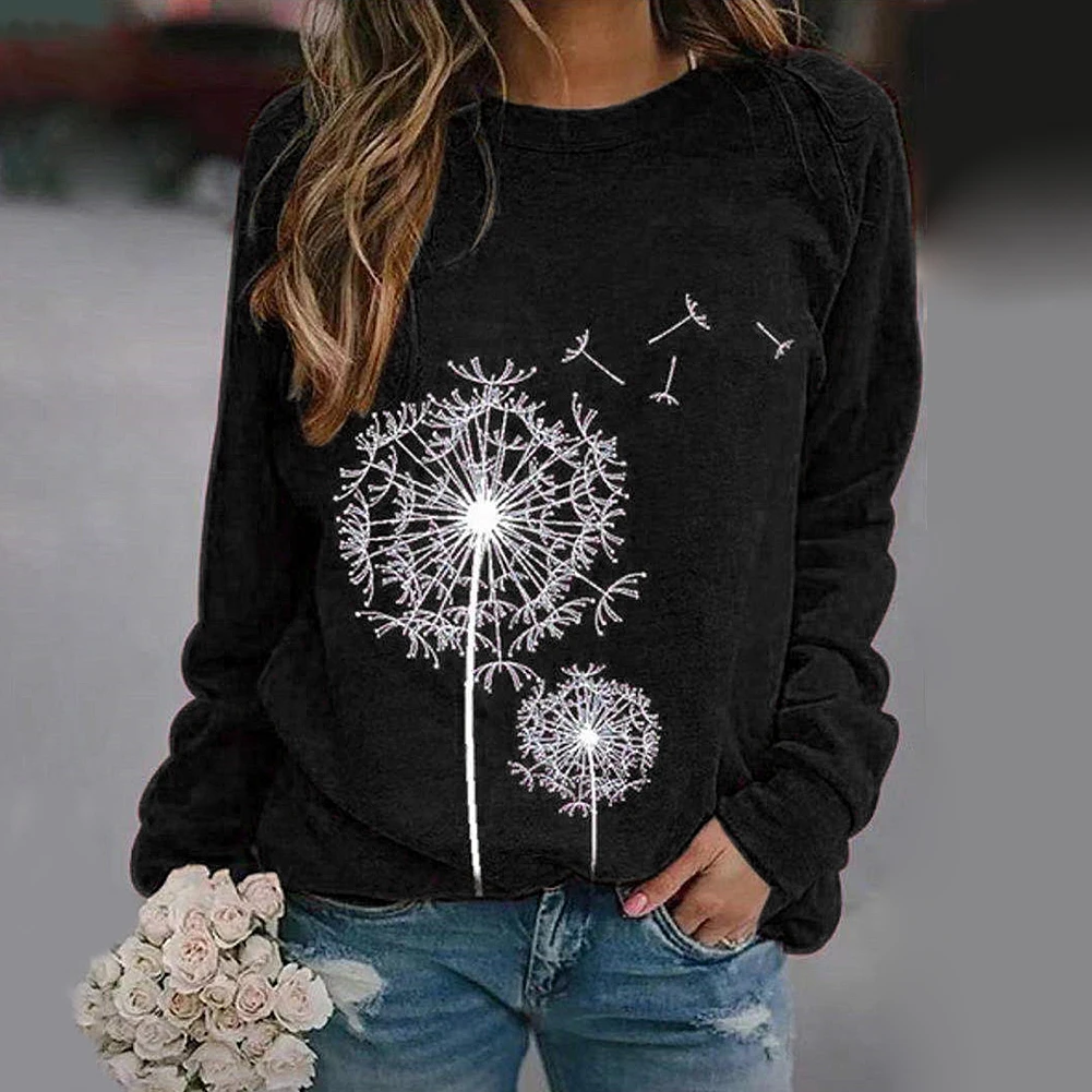 

Women Casual Dandelion Print Long Sleeve O Neck Loose T-shirt Blouse Sweatshirt
