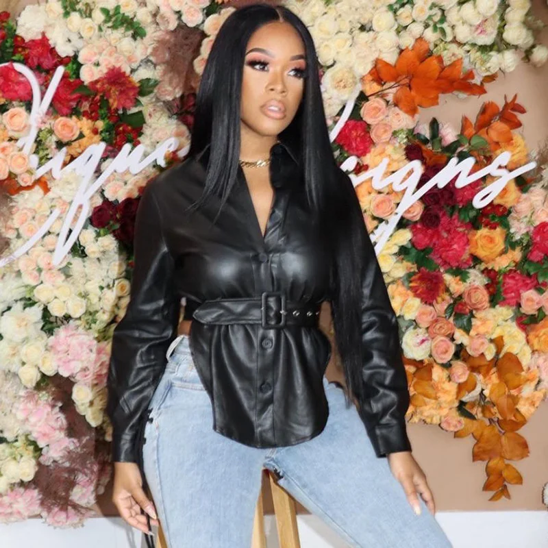 

Zoctuo Autumn Winter Jackets Women Black Slim Long Sleeve Cardigan Coat Tops Hollow Out Sexy V Neck Fashion Pu Leather Clothing