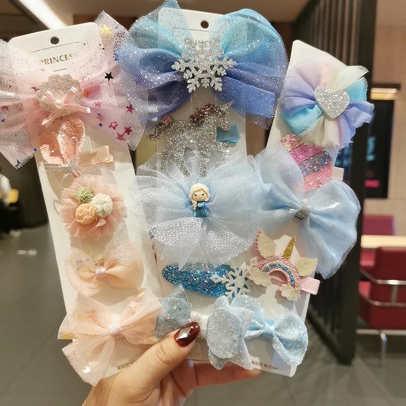

5-Piece Set Of Children's Frozen Hairpins Girls Hair Accessories Princess Aisha Headdress Bow Hairpin Crown Girl Clip