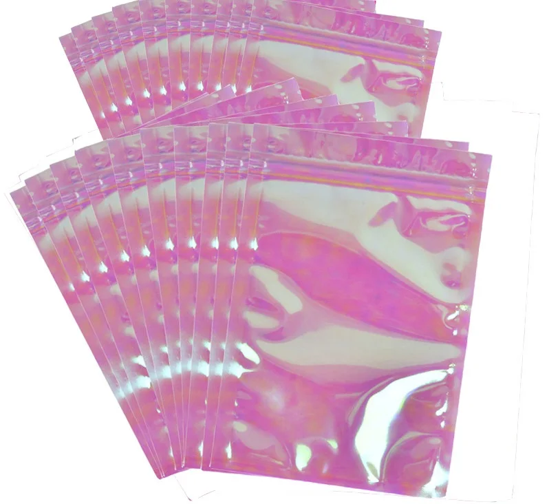 

Thick Reclosable Holographic Pink Zipper Packaging Bag Cosmetic Jewelry Flat Pouches Laser Small Plastic Zip Lock Bags 10pcs