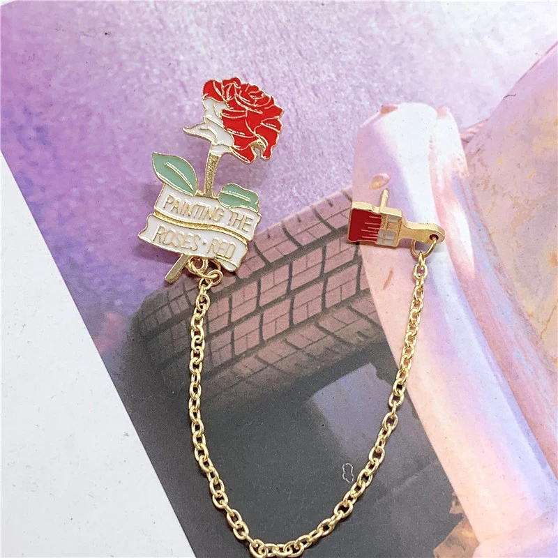 Red Rose Brush Link Metal Enamel Brooch Painting the roses Badge Pin Unique Trendy Costume Backpack Jewelry Accessories Gift | Украшения и