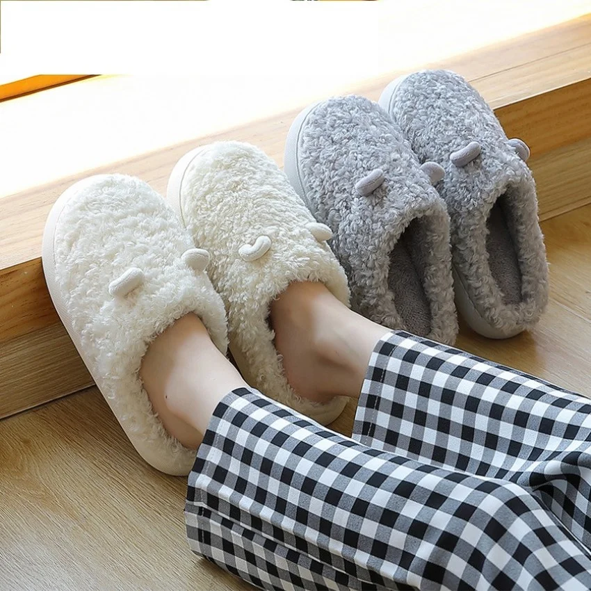 

Cotton Fuzzy Slippers Women Home Winter Warm Plush Indoor Warm Ladies Shoes Slides Female Kawaii Slippers Men Thick Bottom