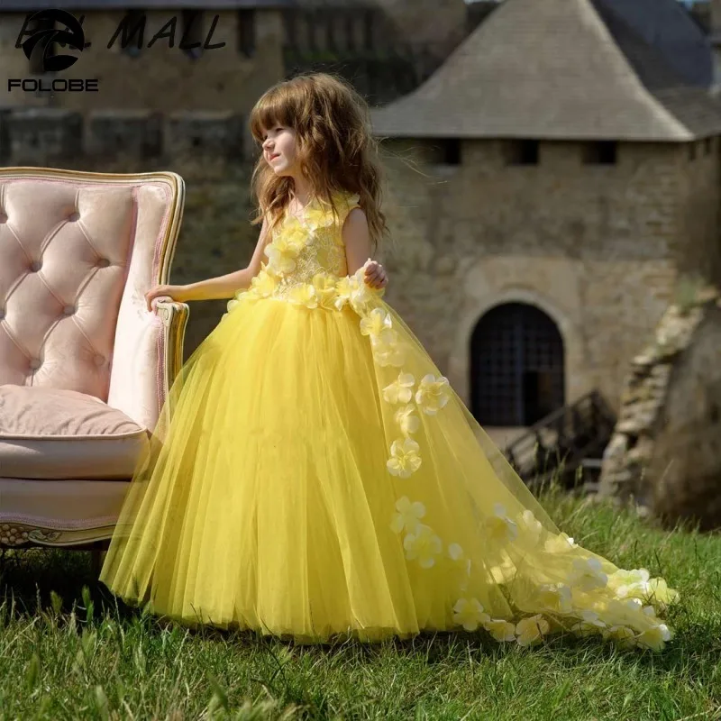 

Cute Yellow Flower Girl Dresses with 3D Flowers Ball Gown Girls Pageant Dresses Tulle Floor Length vestido de daminha