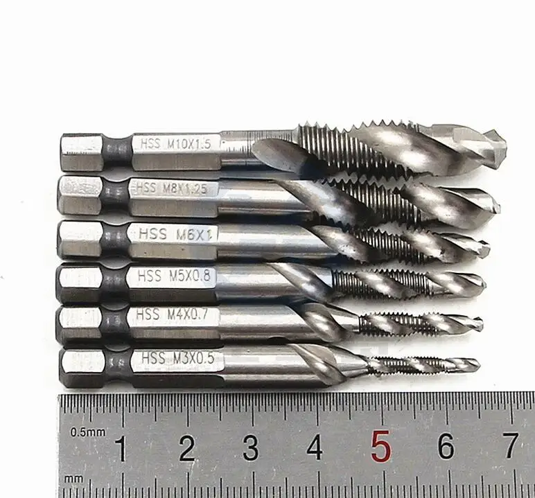 

6Pcs/Set M3-M10 Multifunctional Screw Tap Set High-speed Steel Hex Handle Machine Tapping Tools Drilling Machine Accessories