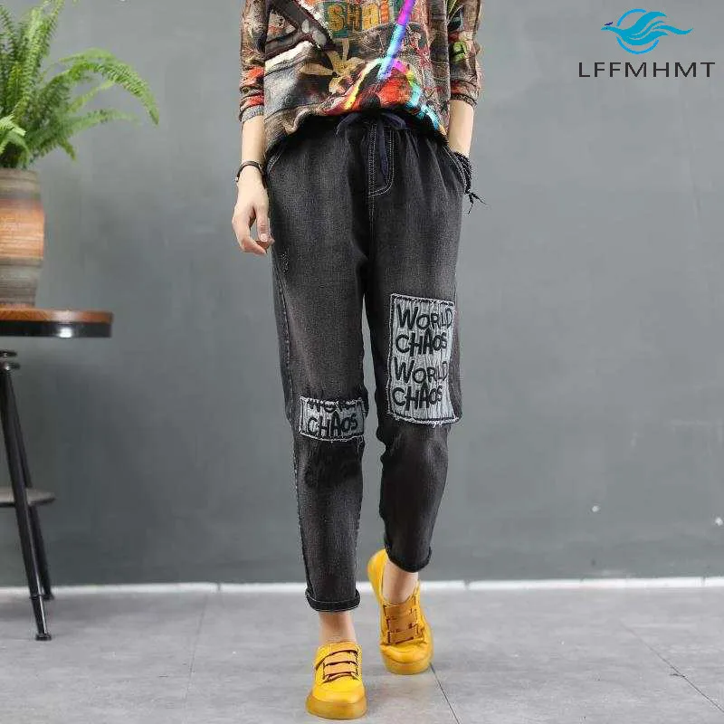 

Autumn Women Fashion Elastic Waist Large Size Harem Jeans Lady Ripped Embroidered Female Vintage Wild Loose Casual Denim Trouser
