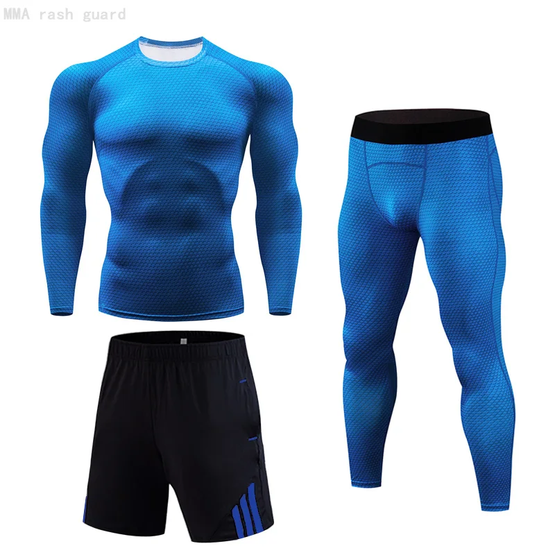 

3 piece set of New Men's clothing rash gard MMA Compression sportswear Bodybuilding T-shirt Fitness Leggings Jogging suit Men