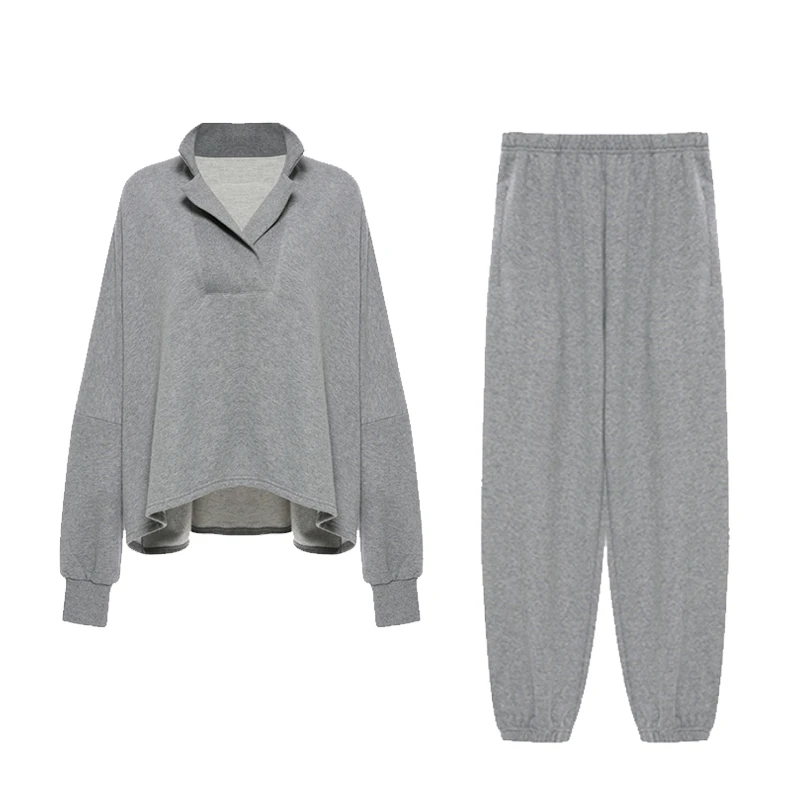 

Autumn Winter Korean Grey Casual Retro Black Sportswear Two-Piece Suit Women