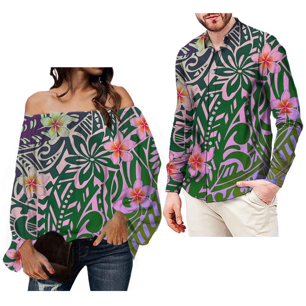 

Plumeria with Hawaiian Tribe Pattern Couple Suits Spring/Fall Casual Women and Men Long Sleeve Shirts Oversize Female Top Blouse