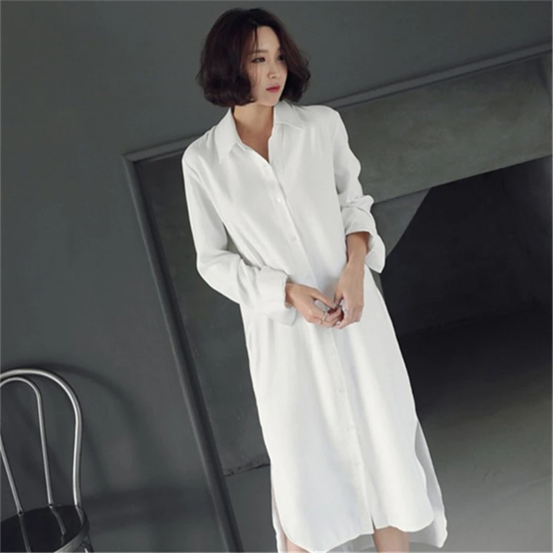 

Women Spring Lapel Neck Long Sleeve Cotton Linen Dress Solid Sundress Long Shirt Dress Baggy Split Hem Vestido robe white