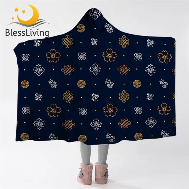 Blessliving Asian Hooded Blanket Culture Symbol Microfiber Sherpa Fleece Cherry Blossoms Wearable Blanket Chinese Knot Bedding 1