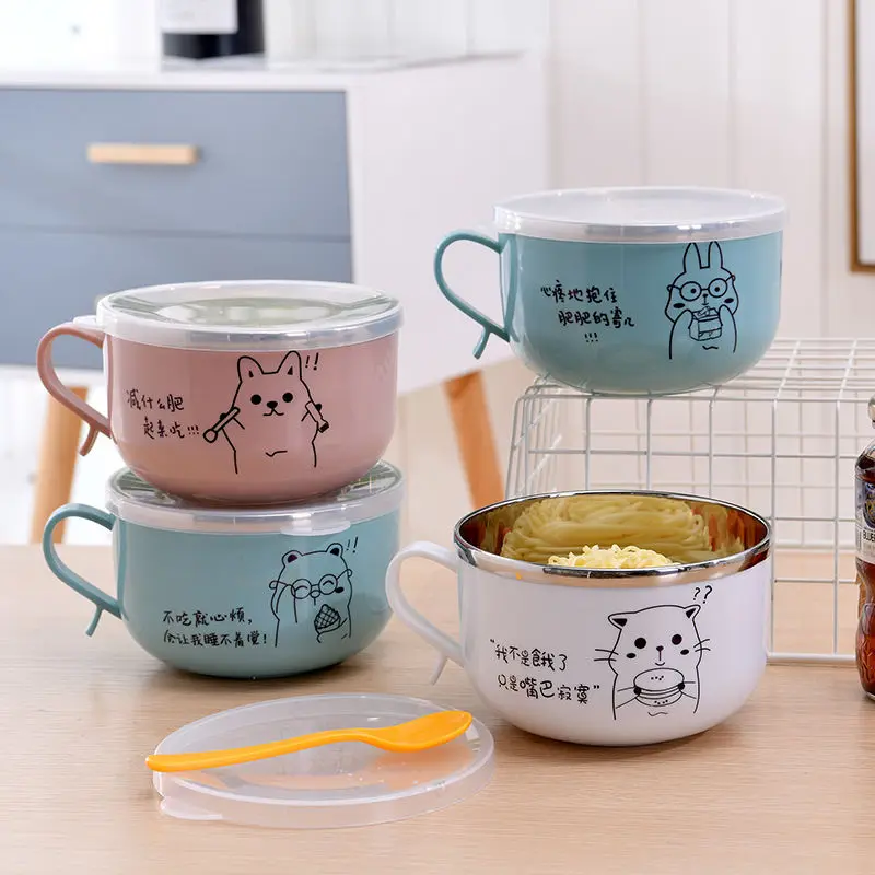 

Lunch Box Stainless Steel Instant Noodle Bowl Student Dormitory Cute Cartoon Bowl With Lid Office Worker Portable Bowls