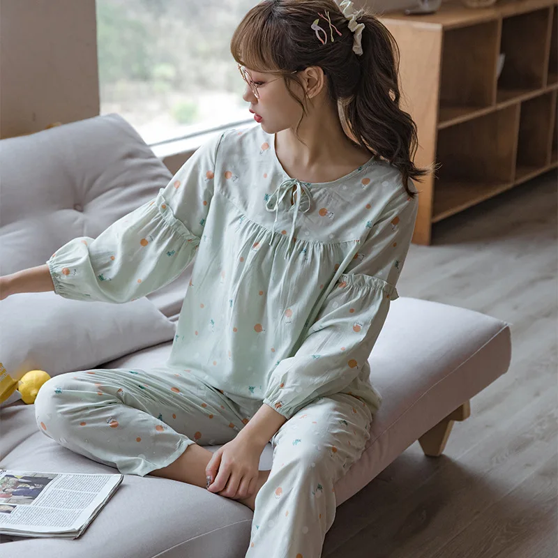 

Sleepwear Cotton Pajamas Female Cute 2PCS Shirt&Pants Sleep Set Loose Nightwear Lingerie Loungewear Soft Printed Home Clothing