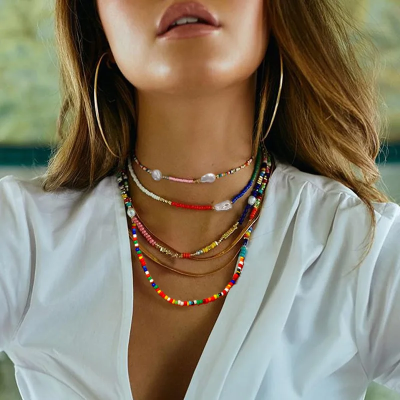 

Summer Beach Style Necklaces Kpop Fashion Bohemia Ethnic Strand Chokers Necklace 2020 Women Layers Seed Beads Neck Accessories