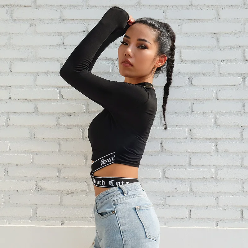 

Women T-shirt Spring Long Sleeve Tops Sexy Shirt Straps Black T-shirt Sexy Letter Printing O-Neck Midriff-baring Shirts Female