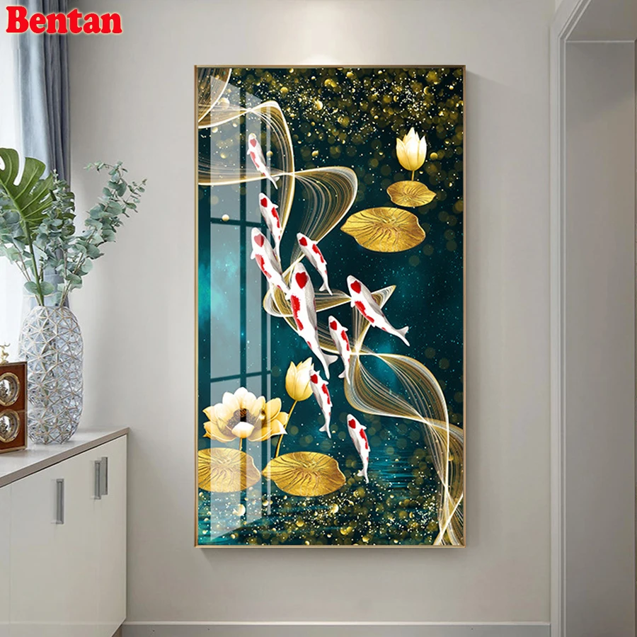 3d picture of rhinestones mosaic Nine Koi Fish Lotus wall painting living room home decoration full set embroidery diamond round