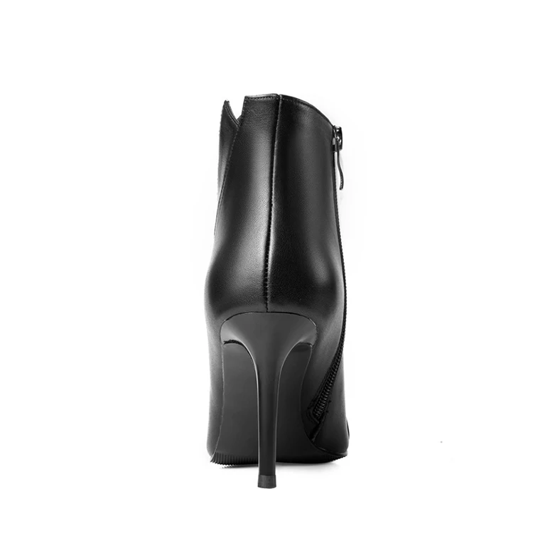 

MLJUESE 2020 women ankle boots cow leather winter short plush pointed toe black color thin heel high heels female boots