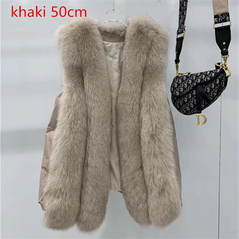 khaki 50cm Женский жилет из натурального Лисьего меха с наполнителем из белого утиного пуха - Цвет: khaki 50cm