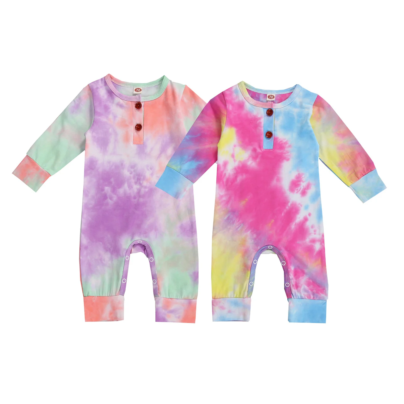 

Осенняя одежда из 2 предметов для маленьких девочек 0-18 месяцев комбинезон с длинными рукавами и принтом красителя и повязка на голову