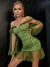 SRUBY Winter Women Dress Mesh Long Sleeve Wrapped Chest Dress Zipper Solid Perspective Ruffled Sexy Party Dress Christmas (2)