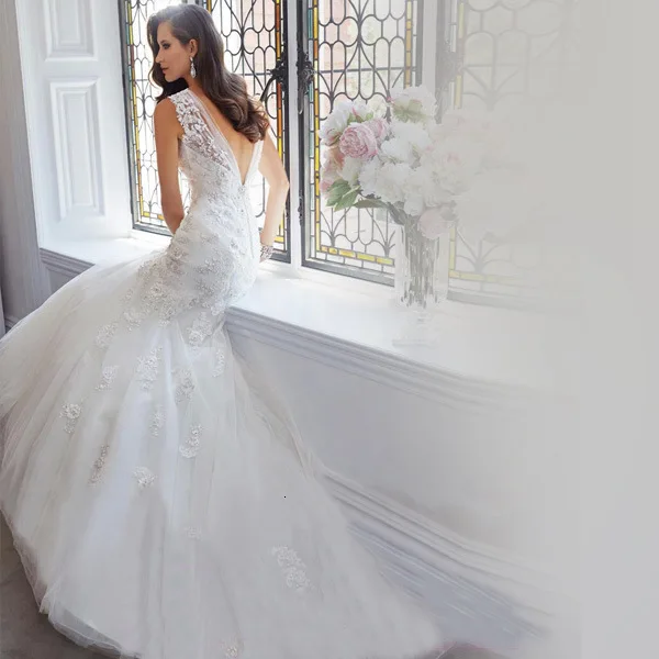 Свадебное платье русалки сексуальное глубокий v-образный вырез без рукавов