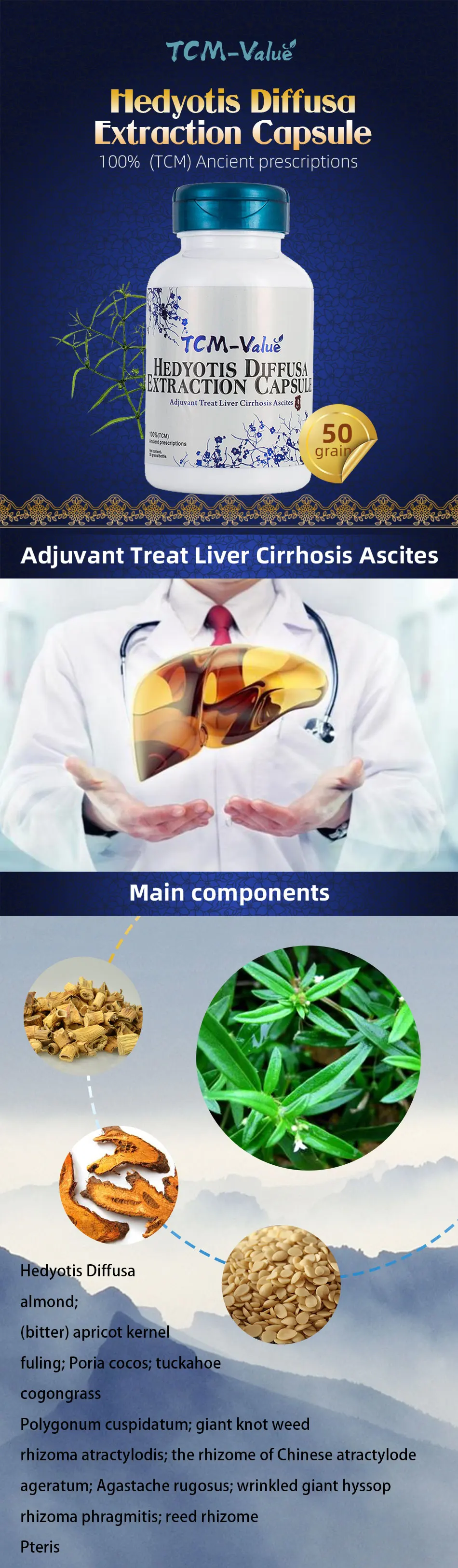 TCM-Value Hedyotis Diffusa Extraction Capsule, Adjuvant Treat Liver Cirrhosis Ascites, Cure Cirrhosis Liver, Fatty liver, 50pcs