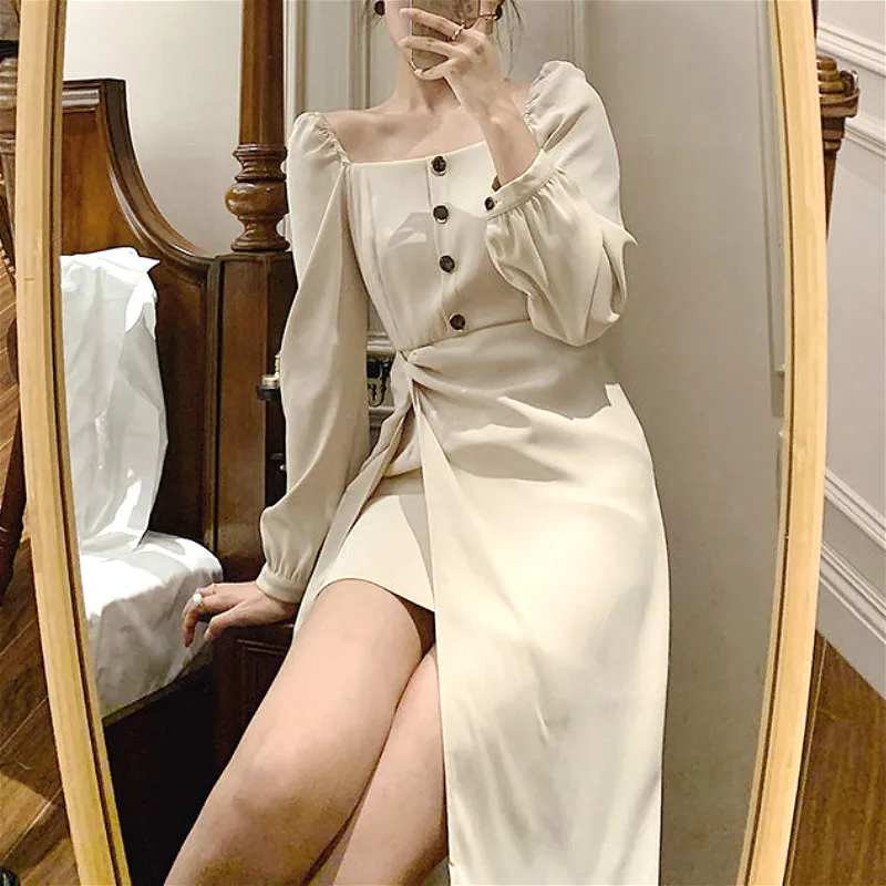 

Elegant Dress Women Casual Office Lady Midi Dress Chic Square Collar Long Sleeve Sexy Party One Piece Dress Korean 2020 Autumn