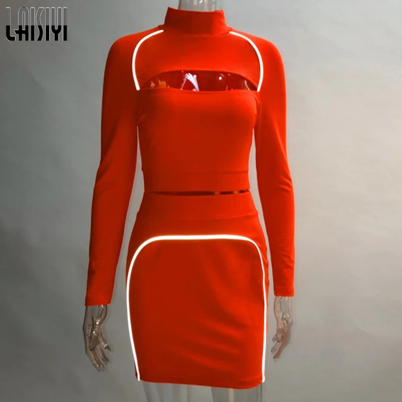 Orange LAISIYI Мода Змея 2 комплект из двух предметов для женщин осень зима одно плечо укороченный топ Высокая талия юбка Сексуальная Клубная одежда костюмы с принтом - Цвет: Orange