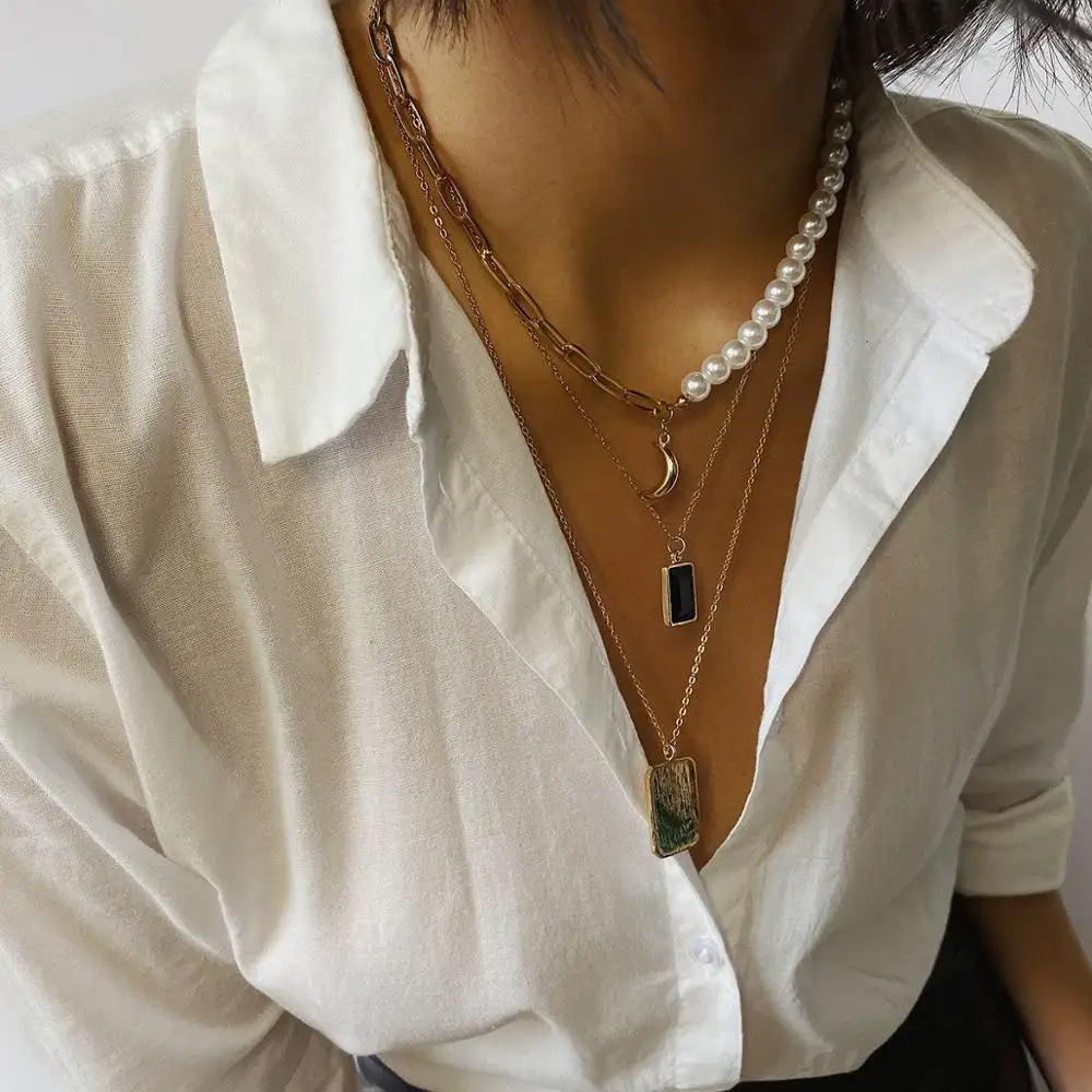

Western multi-layer metal suit necklace for women moon/portrait/pearl chunky necklace chain silver color multilayer necklace