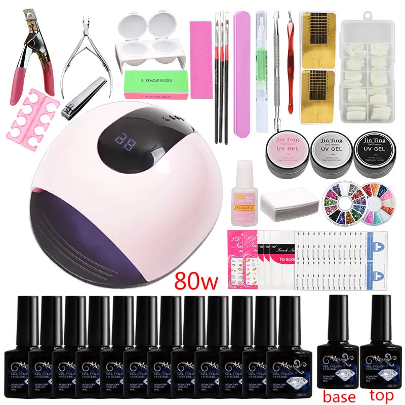 Набор для маникюра с акриловым набором для ногтей, сушилкой для лампы UV LED 36w / 48w / 80w, поли гелевой эмалью, расширительными кистями и инструментами.