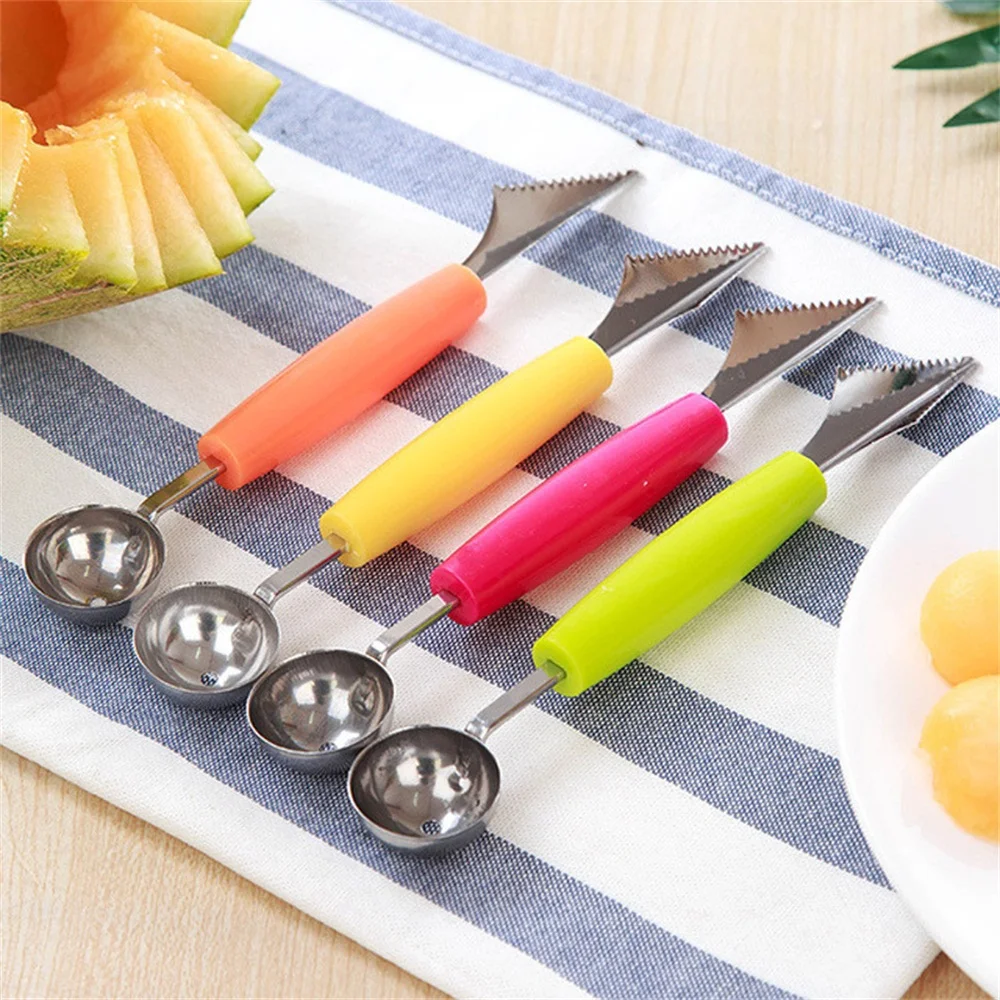 

2 In 1 Fruit Carving Gadge Knife Fruit Platter Cream Ball Spoon DIY Fruit Carving Tool Watermelon Cutter Slicer Fruit Tools
