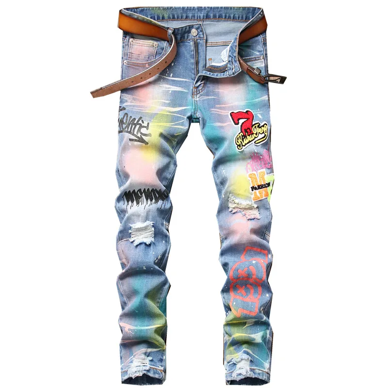 

Джинсы мужские с цветным принтом, рваные брюки-стрейч с дырками, облегающие джинсы, прямые брюки с графическим принтом, байкерские джинсы в ...