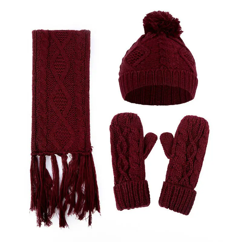 

Womens Wooly Thick Knit Ski Hat Scarf Gloves Set Knitted Woollen Winter