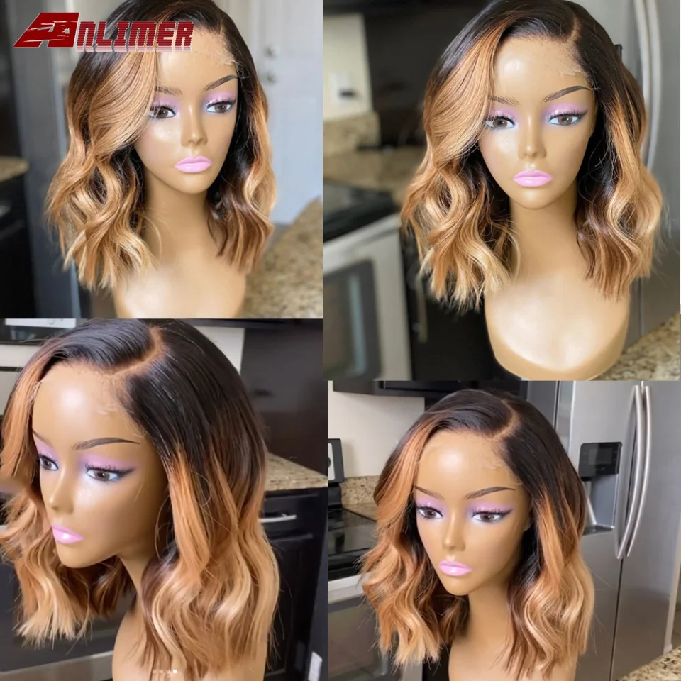 

Anlimer Ombre Honey Blonde Short Wave 360 Lace Frontal Human Hair Wigs Brazilian Remy 13x6 Short Bob Wave Lace Front Wigs