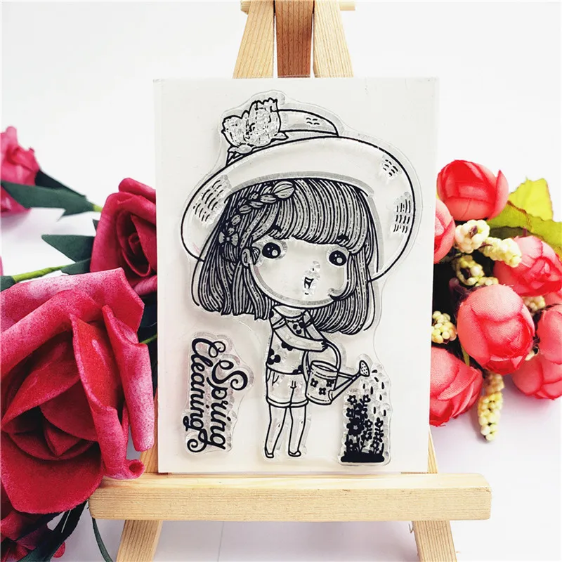 

DIY Decorative Rubber Stamp Vintage Stamp Watering Flower Girl Silicone Seal Stencil Poster Making Postercard Album Decor