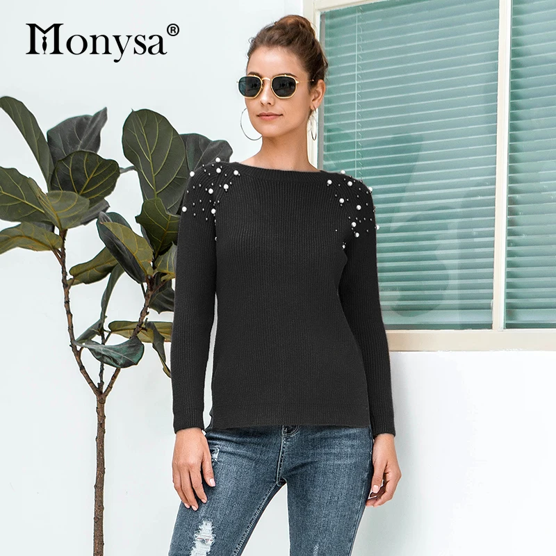 Пуловер свитер с бисером Осень-зима 2019 вязаные свитера длинным рукавом Женский