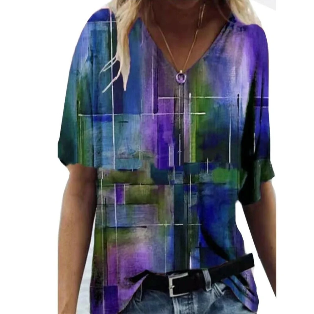 

Womens Floral V-neck Short Sleeve T-Shirt Summer Casual Loose Tee Tops Blouse